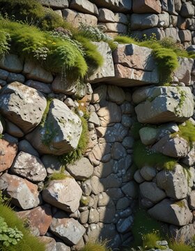 Fortress wall embrasure with moss and lichen covered stones, moss covered, fortified wall, historic site