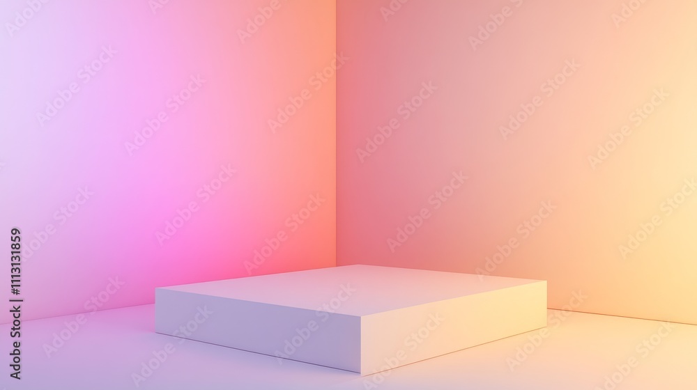 Poster minimalist display platform with soft lighting.