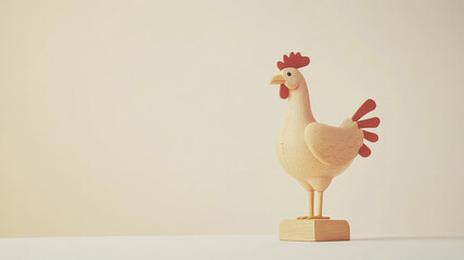 Wooden chicken figurine on pedestal in minimalist setting