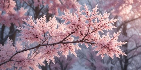 Snowflakes settle gently on a frosted pink tree's branches in the soft morning light , sunlight, tree, settle