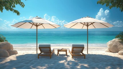 Fototapeta premium Beach scene shows two lounge chairs, umbrellas on white sand. Beautiful turquoise water extends into distance. Perfect vacation atmosphere. Sun shines brightly on shore. Peaceful scenery perfect for