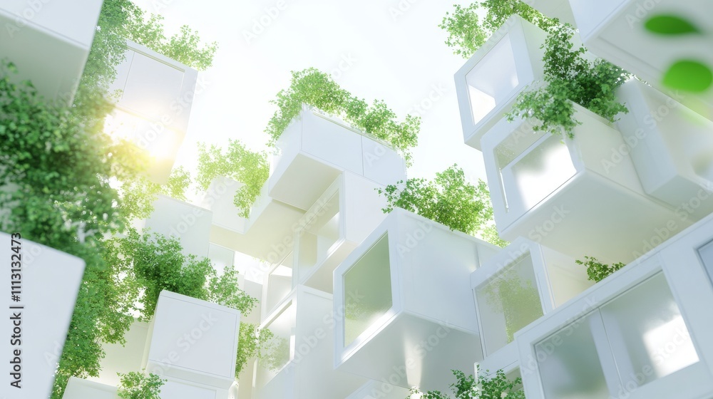 Poster modern architecture with abundant greenery.