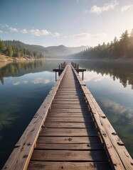 Fototapeta premium Long wooden bridge extending into the calm reservoir, reservoir, peaceful