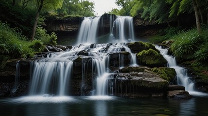 Fototapeta premium Serene waterfall cascading over mossy rocks in lush forest. (1)