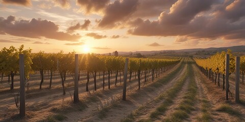 Fototapeta premium A serene vineyard landscape under a warm golden-colored sunset sky with clouds in shades of light gray and white , landscape, sunset