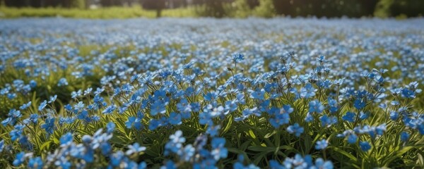 Fototapeta premium A field of blue forget me not flowers in full bloom on a sunny day, countryside, blue flowers