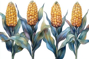 Illustration of corn stalks with vibrant yellow kernels and green leaves.