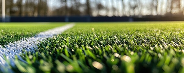 Artificial green grass with a white stripe on a soccer field, showcasing a close-up of the play area.