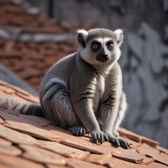 Grey fur lemur with long tail on sloping roof tile, slope, animal, animal behavior