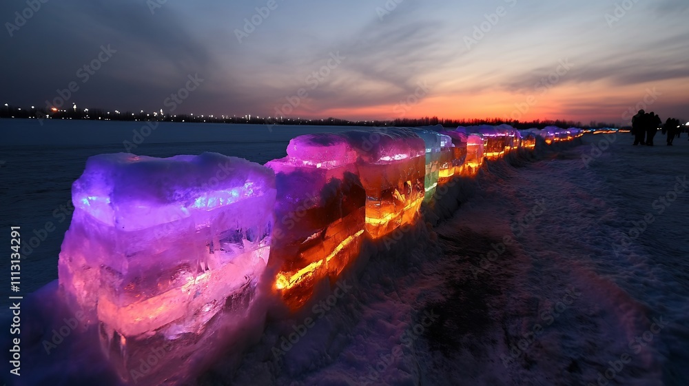 Canvas Prints Illuminated ice blocks line frozen lake at sunset.