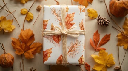 Fototapeta premium Autumn-themed gift presentation in traditional wrapping, viewed from above.