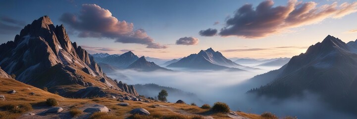 Fototapeta premium Mountain landscape at dawn with a blue sky and misty clouds rolling in, dramatic, landscape, scenery