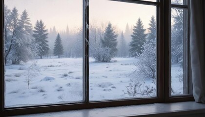 Frosty windowpane on a cold winter morning with snowfall outside, blue sky, distant mountains, internal frost