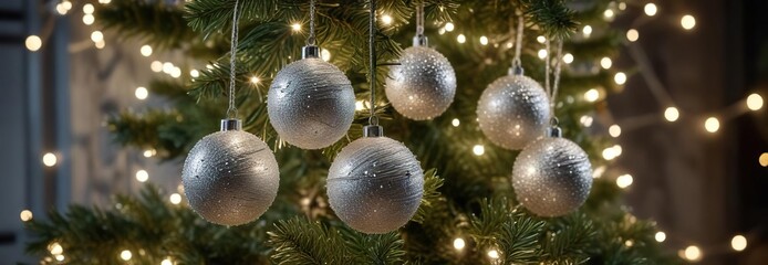 A collection of small silver textured balls with glittering lights are tied together by twine and hung from a branch on a large Christmas tree, light, decorations