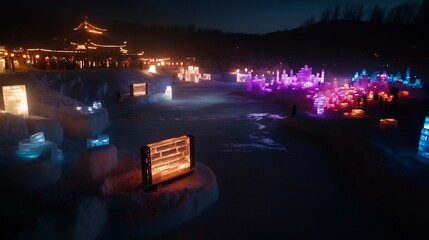 Illuminated ice sculptures at night, showcasing vibrant colors and intricate designs.  A winter wonderland scene with glowing structures and people enjoying the spectacle.