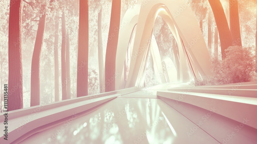 Poster serene forest path with abstract architecture.