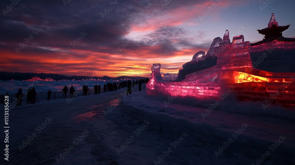 Sticker Illuminated ice sculptures at sunset, with people watching.