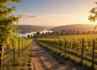 A serene and peaceful scene of a vineyard near Vienna at sunrise with a calm lake in the background, vienna, calm, serenity