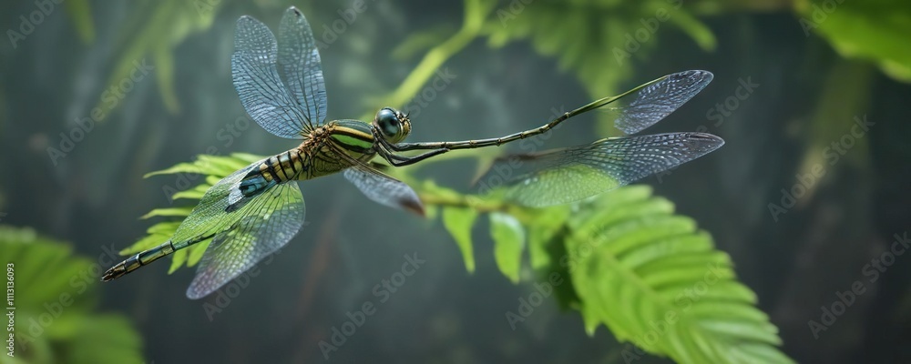 Wall mural Iridescent banded dragonfly in flight over a green leaf, iridescent, leaf, dragonfly