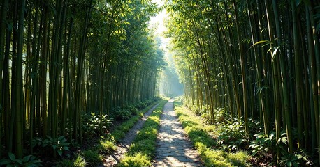 Obraz premium A narrow trail leads through a thicket of bamboo, the sunlight casting dappled shadows on the ground, bamboo thickets, forest floor, earthy tones
