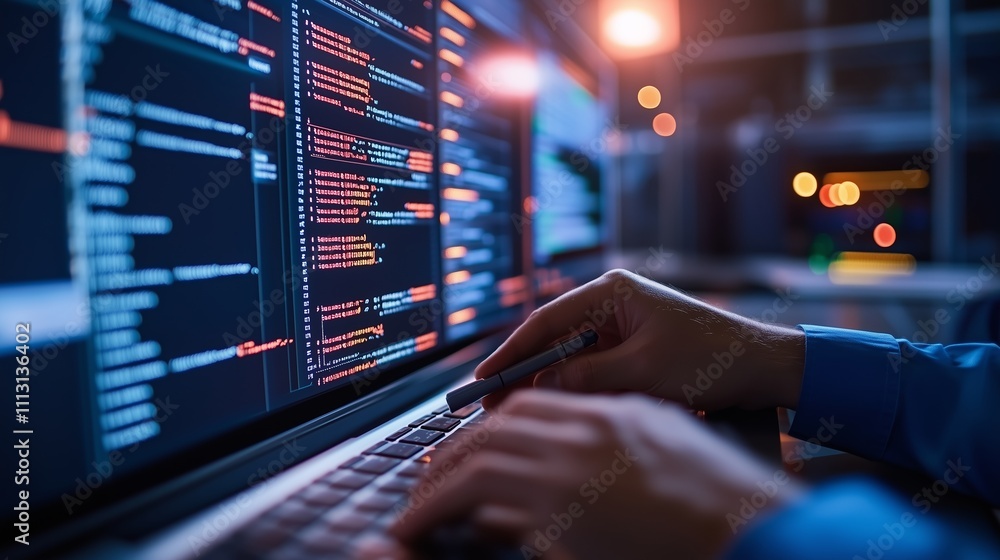 Poster hands typing code on a laptop with glowing screen in a dimly lit workspace at night