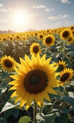 Obraz premium Large sunflower blooms in a sea of smaller ones, with the sun shining through , flowers, bloom, yellow