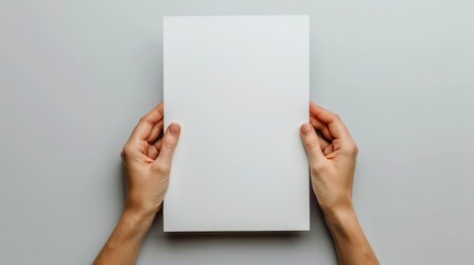 Hands holding a blank white paper against a white background