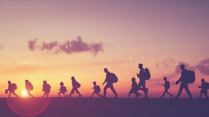 Fototapeta premium Silhouettes of people walking at sunset.