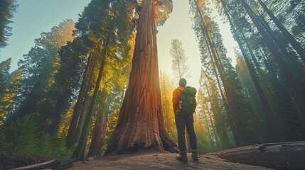 Hiker Gazing Up at a Giant Redwood Tree in a Sun-Dappled Forest