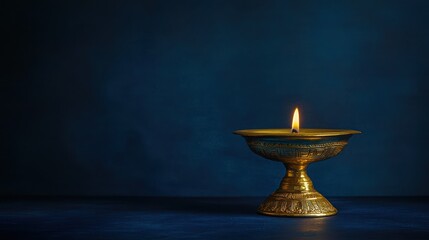 Beautifully adorned diya lamp against a captivating dark blue backdrop. Copy space available