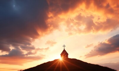 A silhouette of a church on a hill against a vibrant sunset.