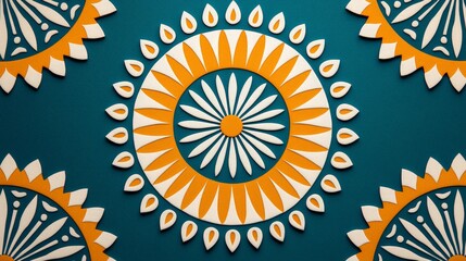 Teal background with repeating orange and white floral mandala patterns.