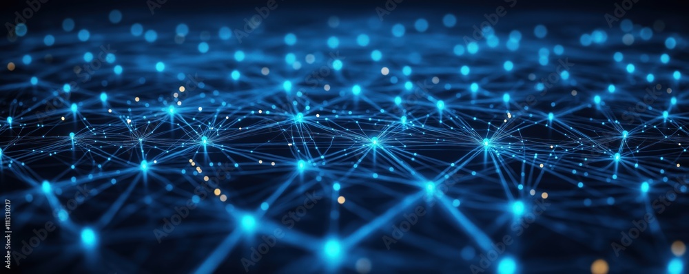 Poster futuristic tech network. blue glowing lines connect luminous nodes. abstract complex tech structure.