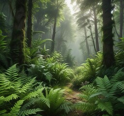 Naklejka premium Lush greenery with ferns and other flowering plants in a dense forest environment, plants, trees, foliage