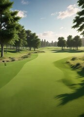 Fototapeta premium Lush green fairway stretching out into the distance at a golf course, landscape, rolling hills, golf courses, outdoor scenery