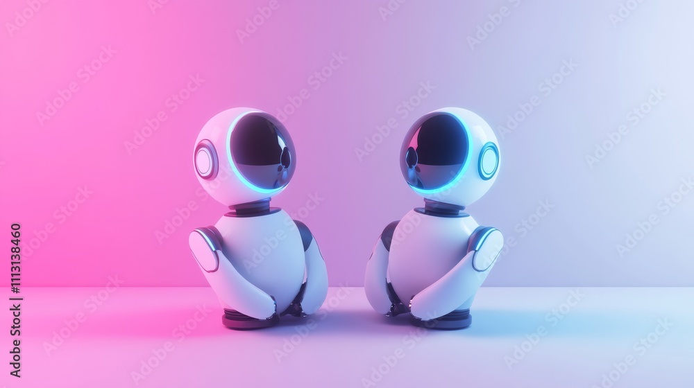 Poster two futuristic robots standing in a modern setting.
