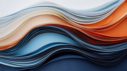 Abstract wavy layered paper design in blue, orange and beige tones.