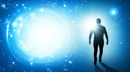 Fototapeta premium A figure exploring a bright cosmic landscape.