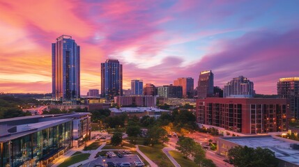 Naklejka premium Vibrant city skyline at sunset, vibrant colors, cityscape, buildings,