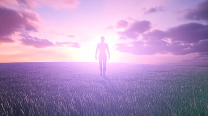 Fototapeta premium A figure walking toward a vibrant horizon.