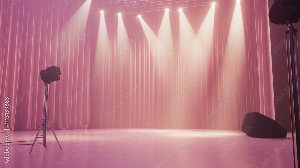 Poster a stage setup with soft lighting and curtains.