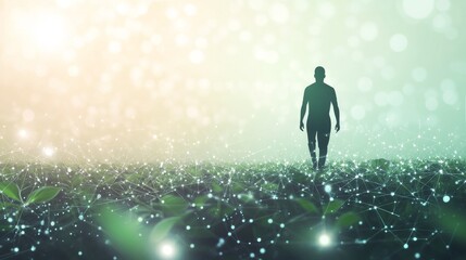 A silhouette exploring a serene, ethereal landscape.