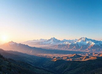 Fototapeta premium Panoramic view of a Colorado mountain range at sunrise with a blue sky, expansive, vast, beautiful