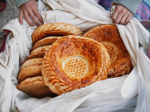 Fresh bread being sold on the street in Uzbekistan