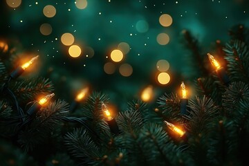Festive scene with warm holiday lights. Christmas lights illuminate rich green pine needles. Blurred background creates a magical festive atmosphere. Image suitable for holiday cards or decorations.