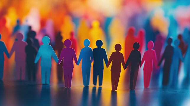 Colorful paper people holding hands in the shape of an abstract human silhouette on a colorful background