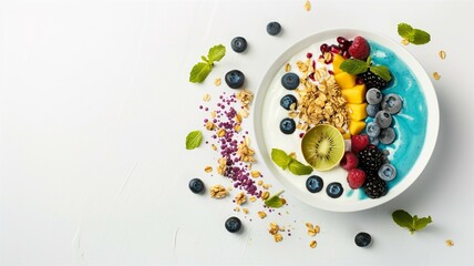 Photorealistic and finely detailed image of a smoothie bowl with assorted fresh fruits and granola
