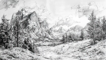 Black and white hand-drawn pencil sketch of a mountain landscape on a white background.