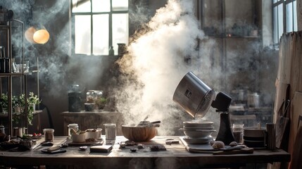 Rustic kitchen scene with steam and natural light