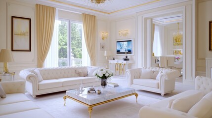 Velvet Furniture and Marble Coffee Table in Luxurious Living Room